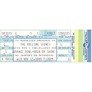 Vintage 1989 Rolling Stones Unused Complete Concert Ticket Stub Miami FL